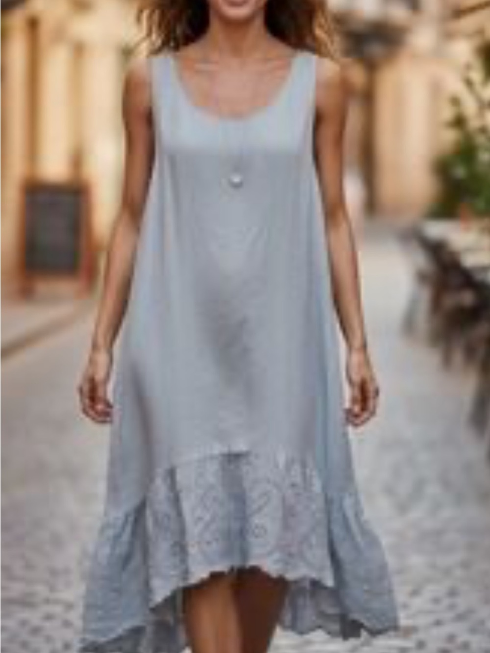 Purpling Light Gray 100% linen Midi Dress with Ruffle Hem